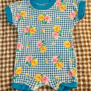 Vintage Blue and White Gingham Bodysuit with Floral Accents 0-3month